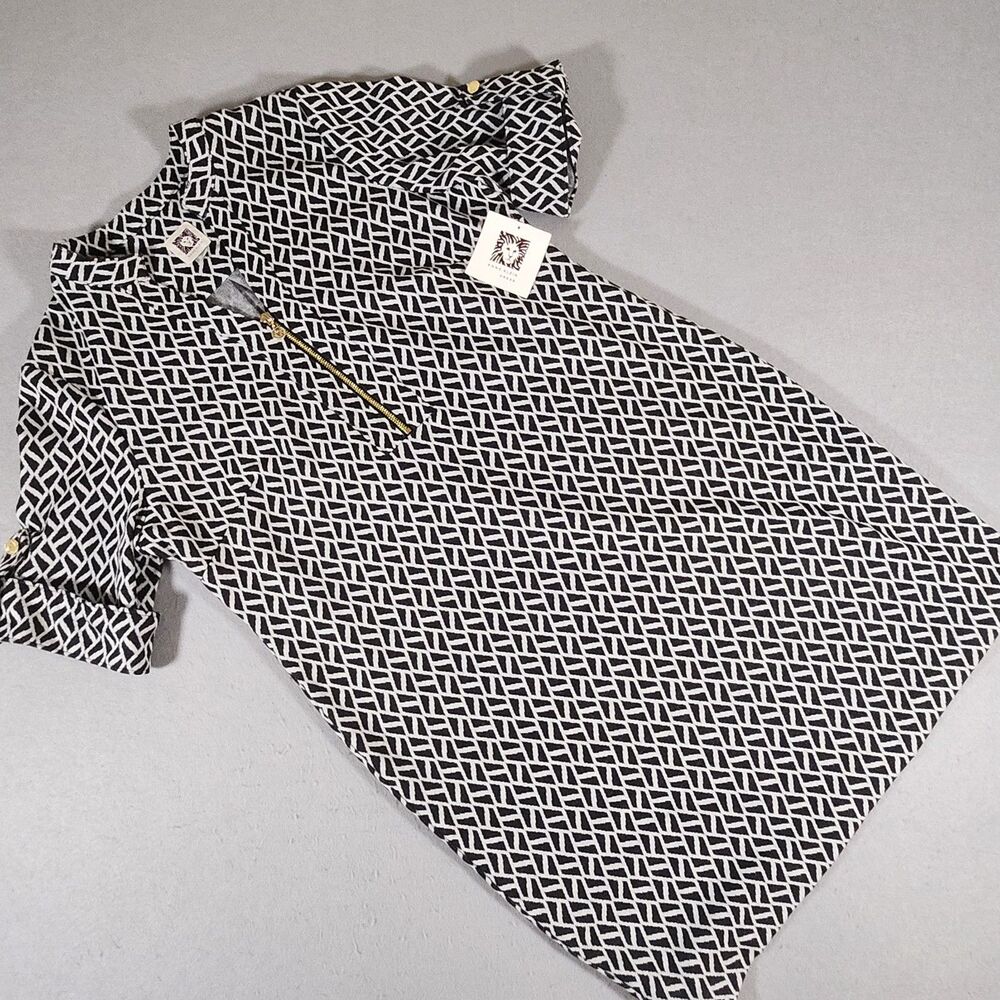 Anne Klein Shift Dress Black and White Geometric Pattern w/ Gold Zipper Size 8p